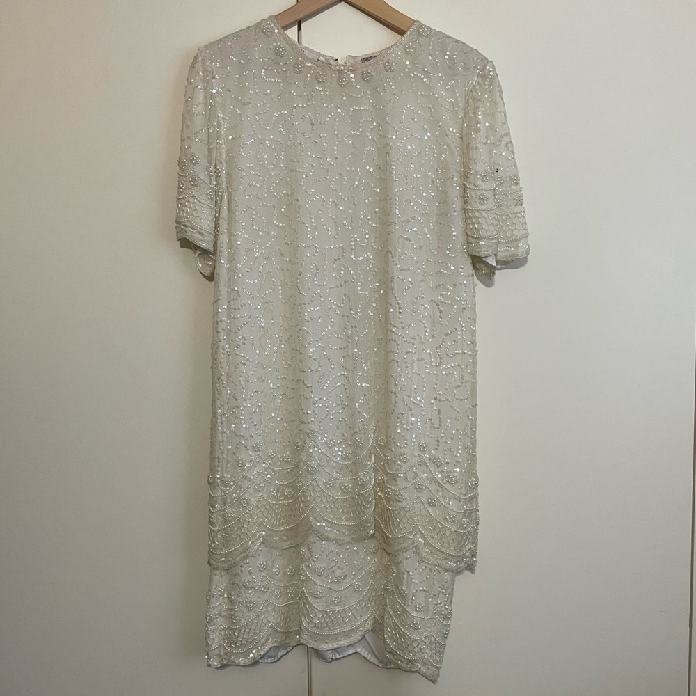 Laurence Kazar Dress • beaded sequins white wedding prom 20’s mid short